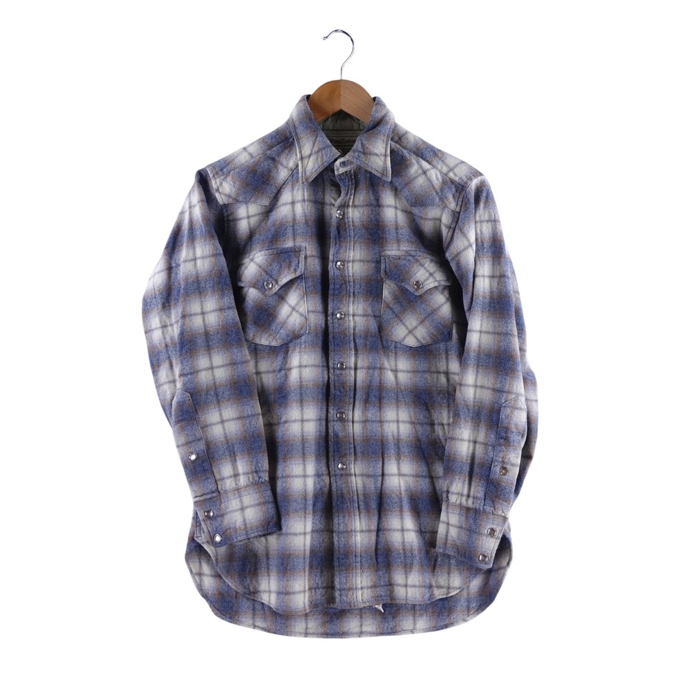 Pendleton Mens Medium High Grade Western Wear Wool Plaid Pearl Snap Shirt Blue